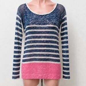 Splendid Blue White Pink Stripe Light Linen Boat-Neck Long Sleeve Sweater XS